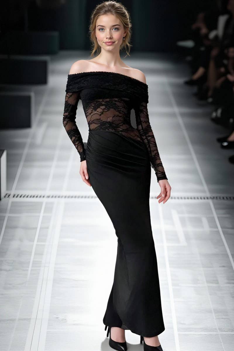 CWDMD01089_OFF SHOULDER LACE SHEER LONG SLEEVE BODYCON DRESS