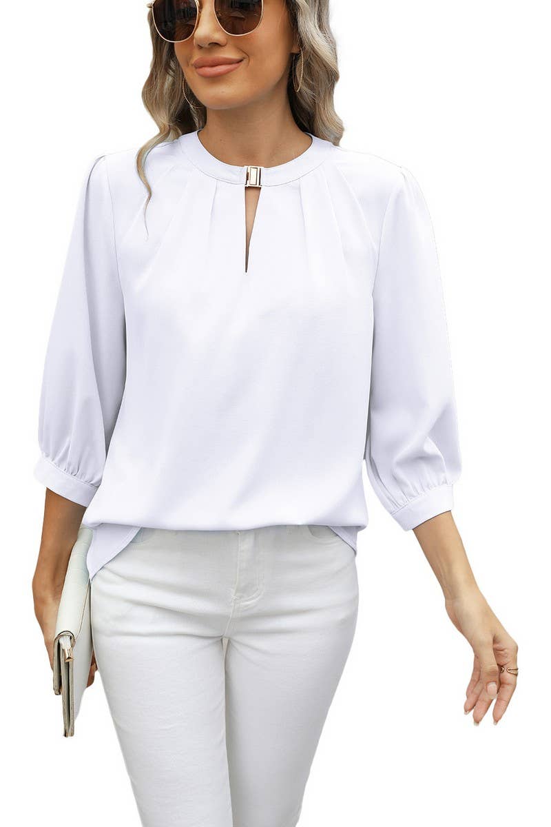 CWTBLL3673_KEYHOLE V NECK 3/4 SLEEVE LOOSE CHIFFON TOP