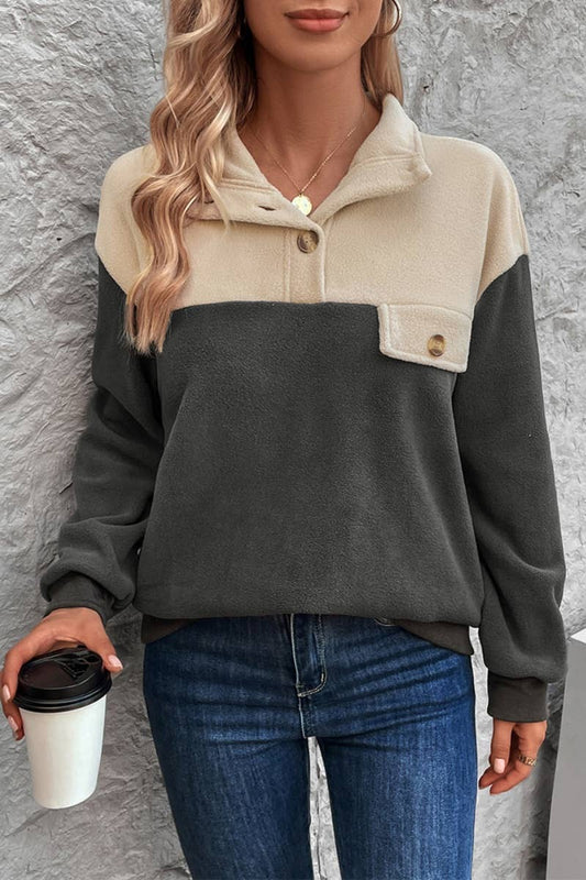 CWOHOL1003_COLOR CONTRAST HIGH NECK BUTTON FLEECE HOODIE