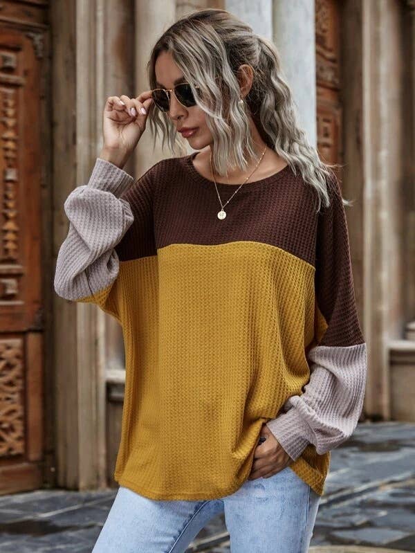 COLOR CONTRAST PATCHWORK LONG-SLEEVED CASUAL TOP