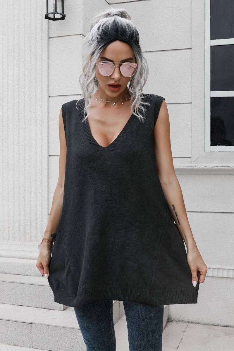 CWOV0691_V-NECK MID-LENGTH VEST LOOSE SWEATER VEST