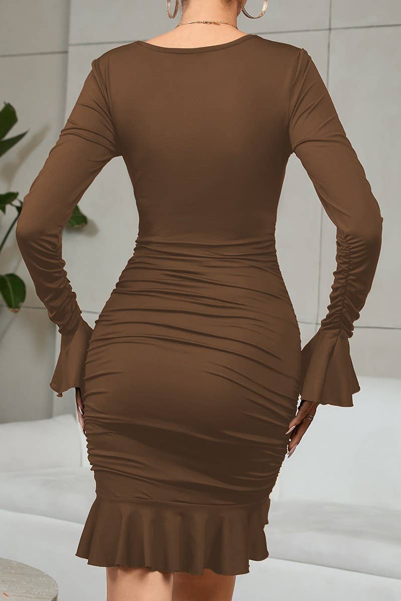 CWDSD10771_DEEP V-NECK RUFFLED SLEEVES HIP SKIRT