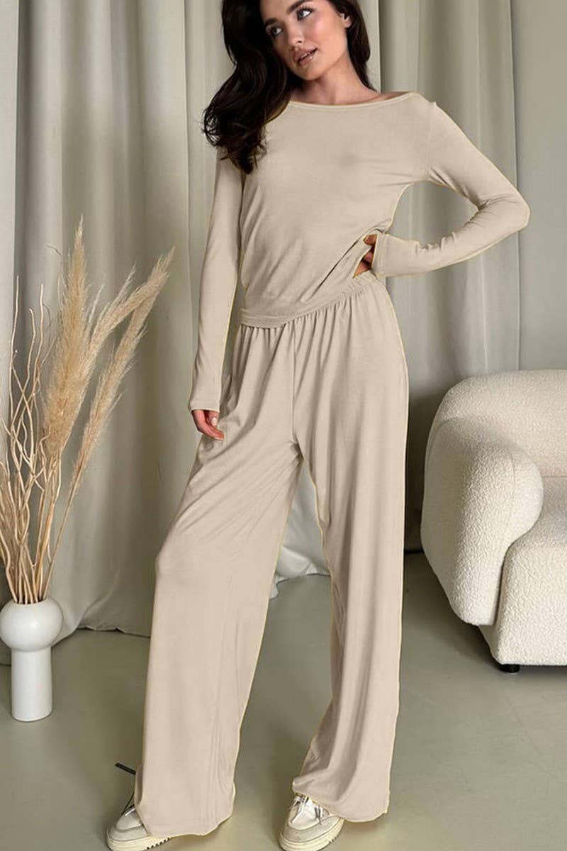 CWSPJ450_SOLID COLOR LONG-SLEEVED KNITTED PAJAMAS SET