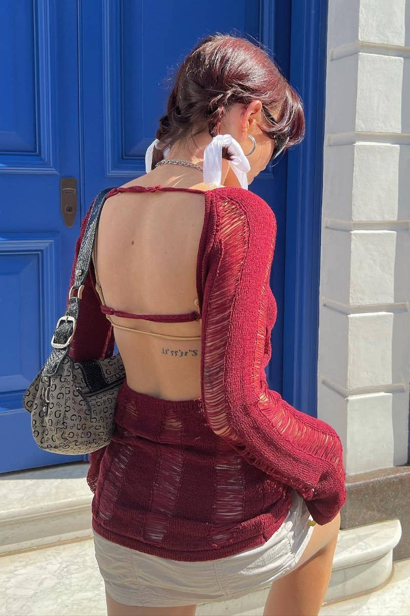 CWOSWL5186_SEXY VINTAGE LONG-SLEEVED CUT-OUT HALTER TOP