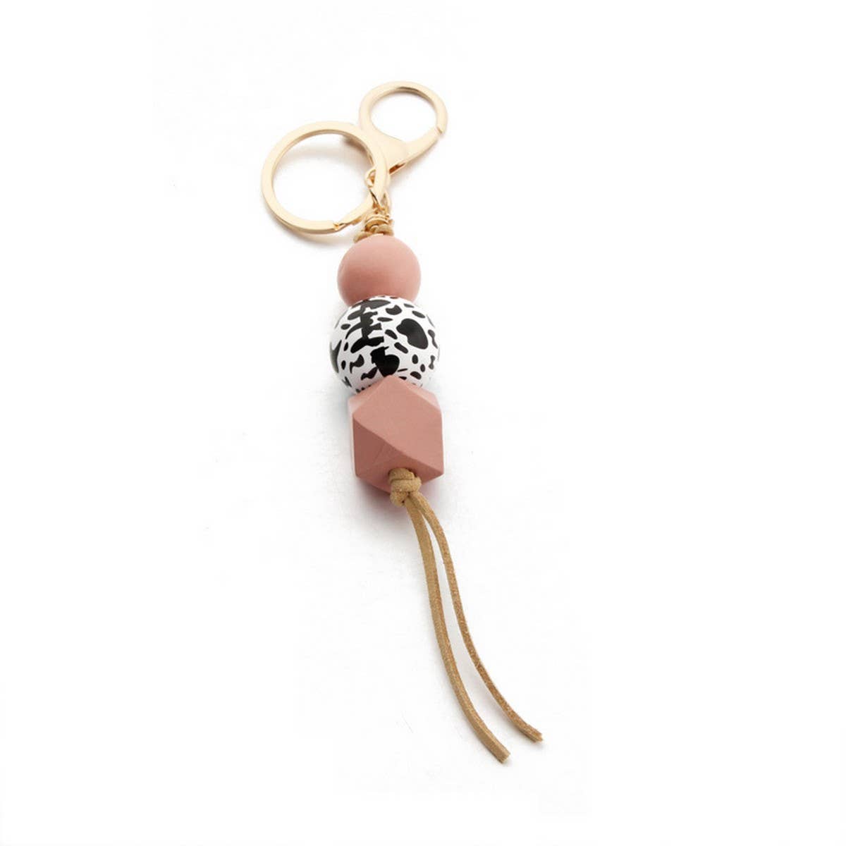 Leopard Wood Bead Keychain with Mini Tassel