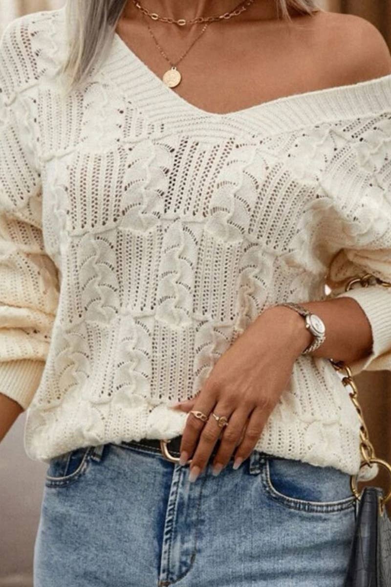 CWOSWL5136_STYLISH V-NECK CUTOUT BACK LACE-UP SWEATER