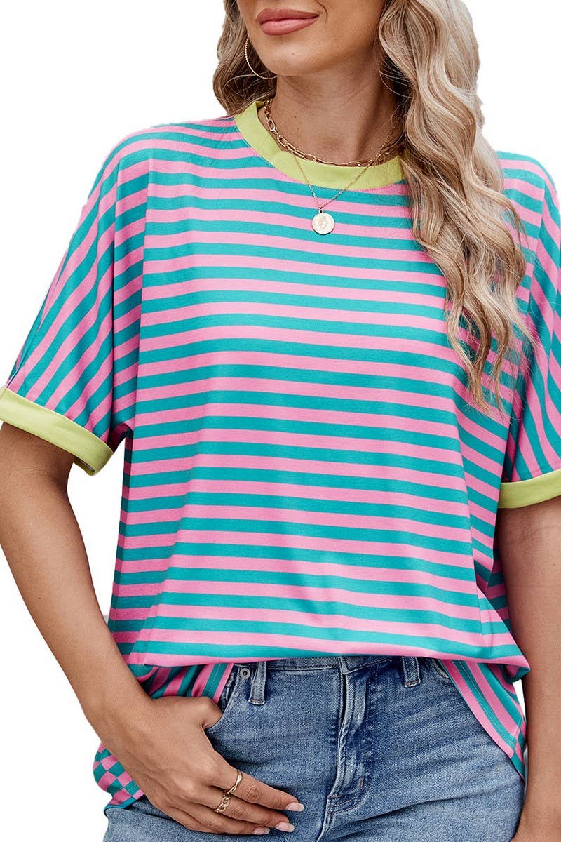 CWTTS1299_LOOSE STRIPED COLORBLOCK CREW NECK T-SHIRT TOP