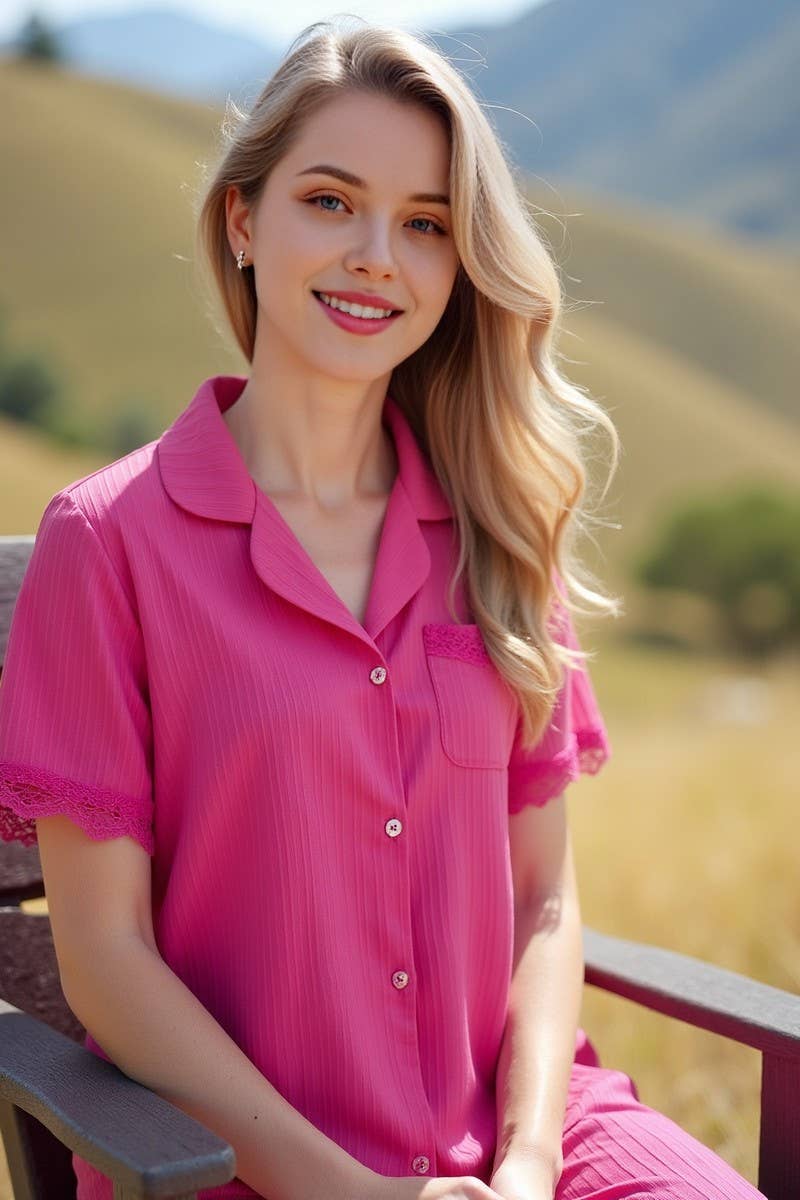 CWSPJ0427_WAVY STRIPE LACE TRIM SHORT SLEEVES PAJAMA SET