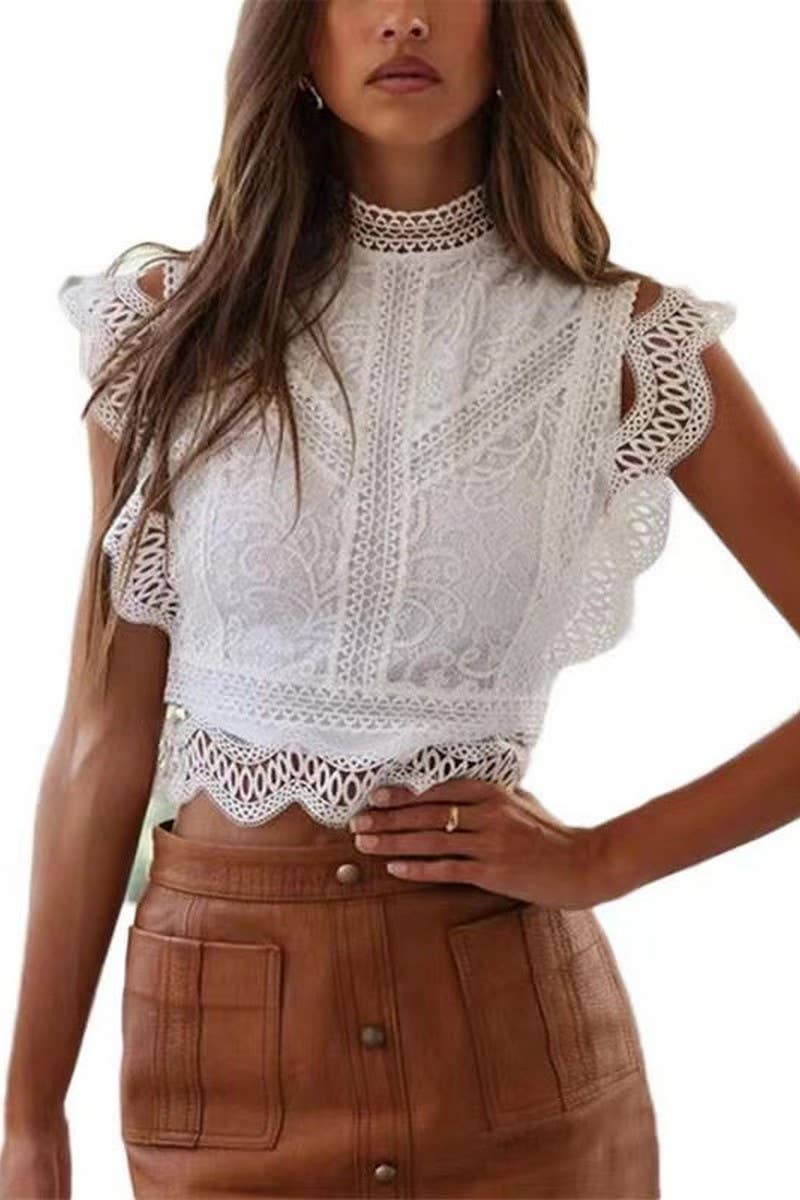 CWTBLSL0829_SOLID COLOR HOLLOW GEOMETRIC LACE CHIFFON TOP