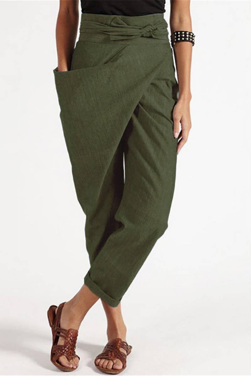 CWBLP1838_IRREGULAR LACE-UP CROPPED PANTS CASUAL PANTS