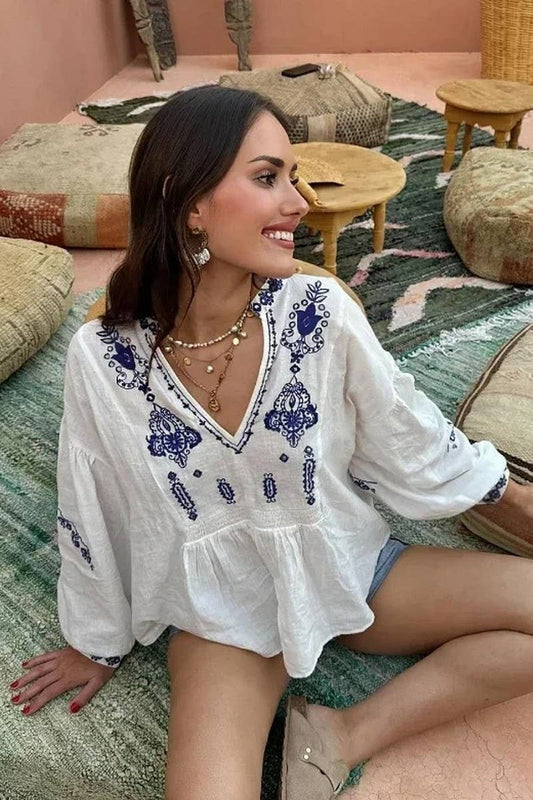 CWTBLL3094_V-NECK EMBROIDERED LOOSE LONG-SLEEVED TOP