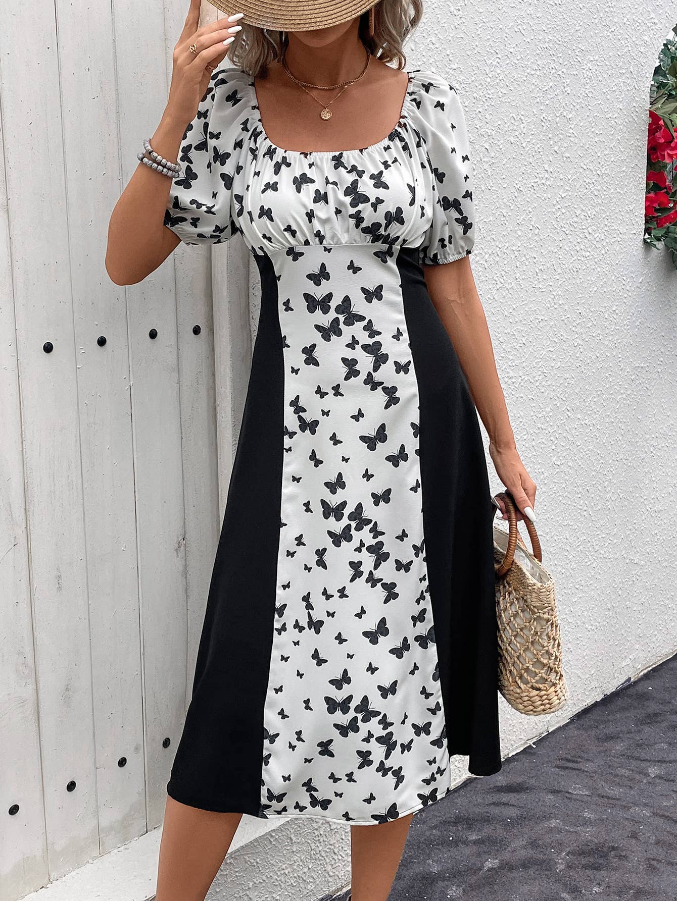 BUTTERFLY PRINT DRESS WITH LANTERN SLEEVES