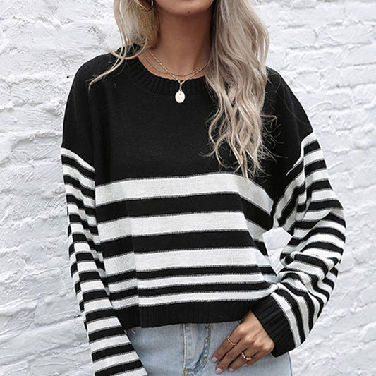 BLACK STRIPED KNIT CREW NECK SWEATER BASE