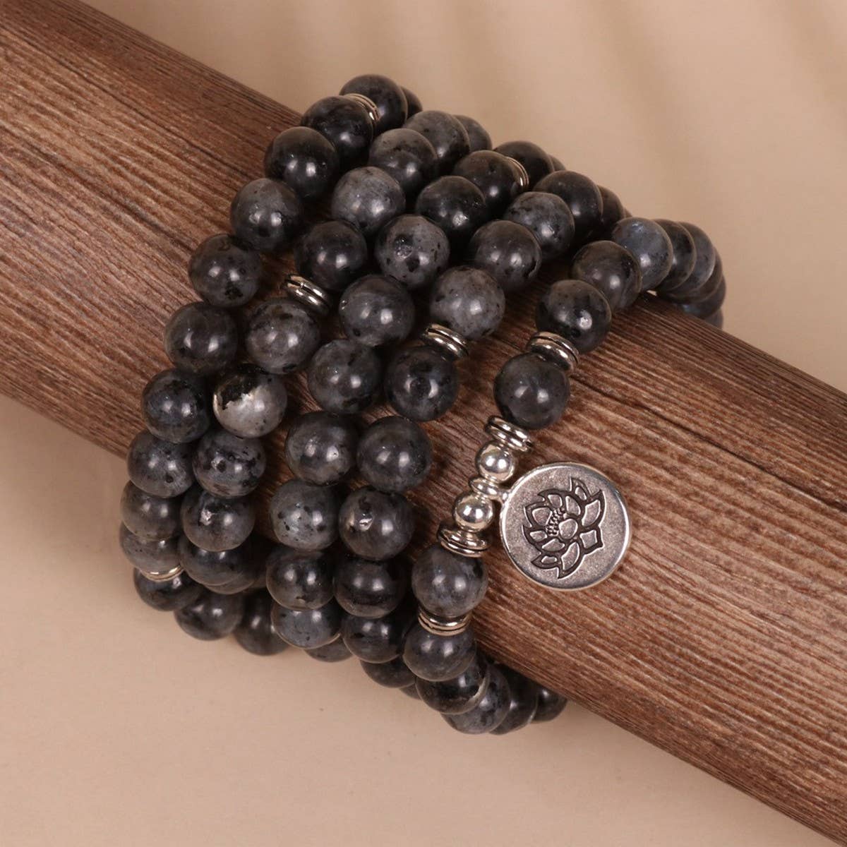 LOTUS PENDANT 108 BLACK GLITTER BEADED BRACELET