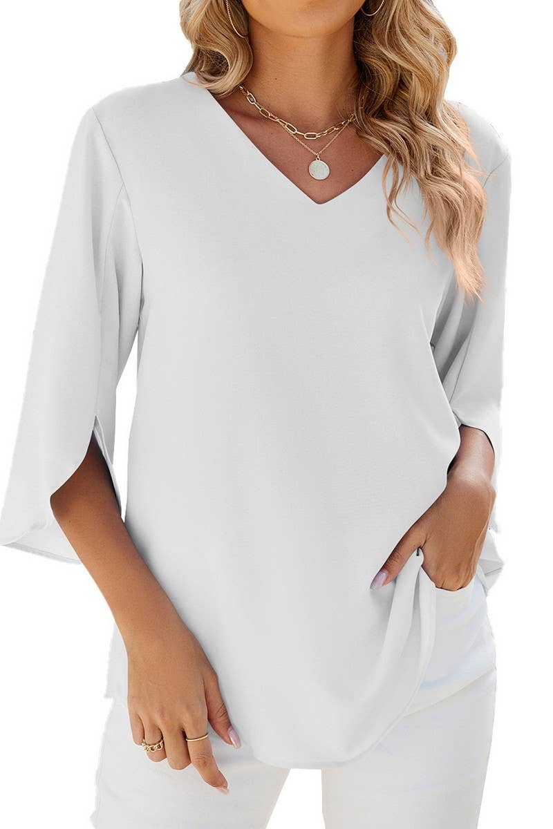 CWTBLS0871_SOLID COLOR V-NECK MID-SLEEVE LOOSE TOP