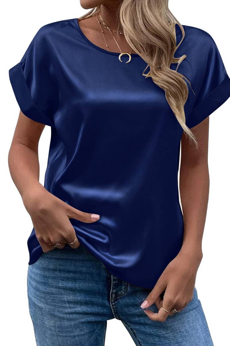 CWTBLS1775_SATIN ROUND NECK LOOSE SHORT-SLEEVED TOP