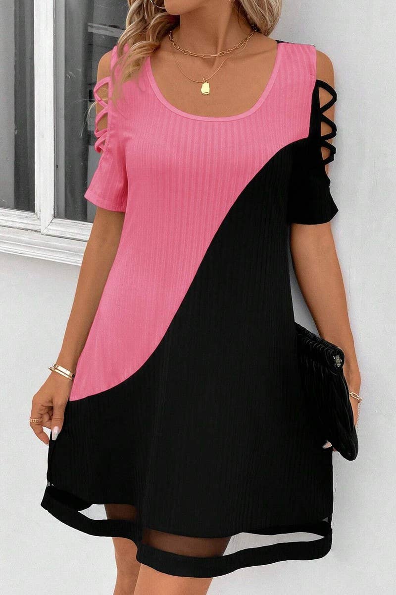 CWDSD7555_TEMPERAMENT COLOR MATCHING HOLLOW MESH DRESS