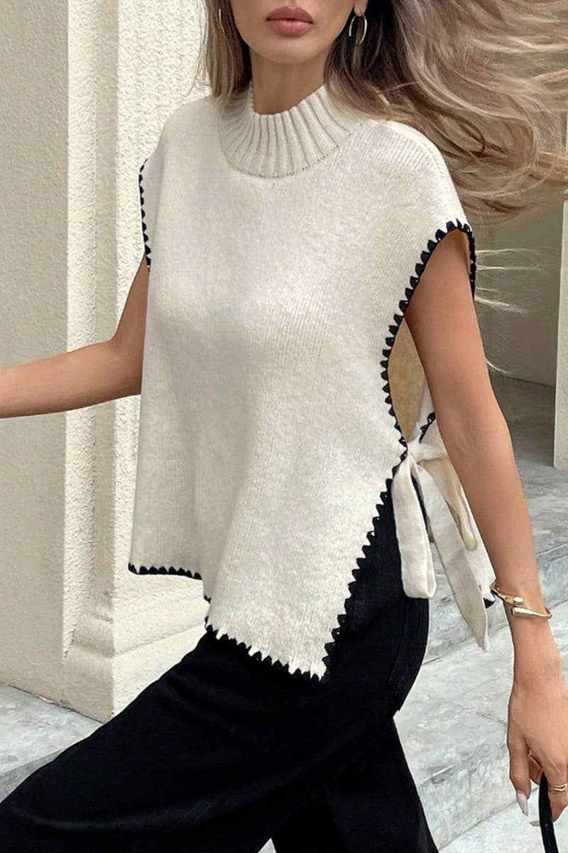 CWOV0714_SUMMER KNIT SLEEVELESS VEST WITH BOW TIE