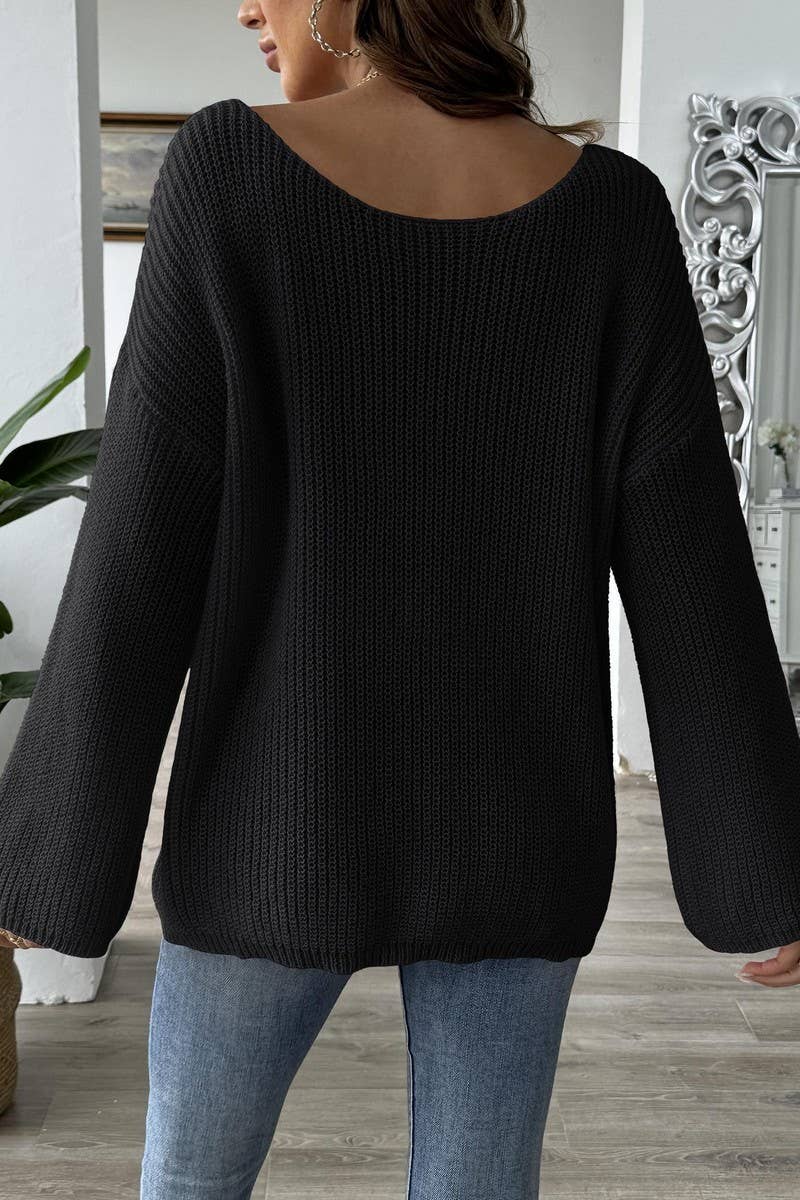 CWOSWL07325_WOMEN OFF-SHOULDER BELL SLEEVE KNIT SWEATER