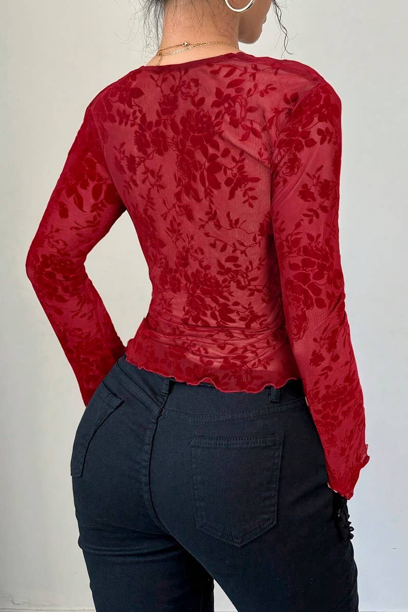 CWTBLL3908_LACE PATCHWORK MESH V-NECK BELL SLEEVE TOP