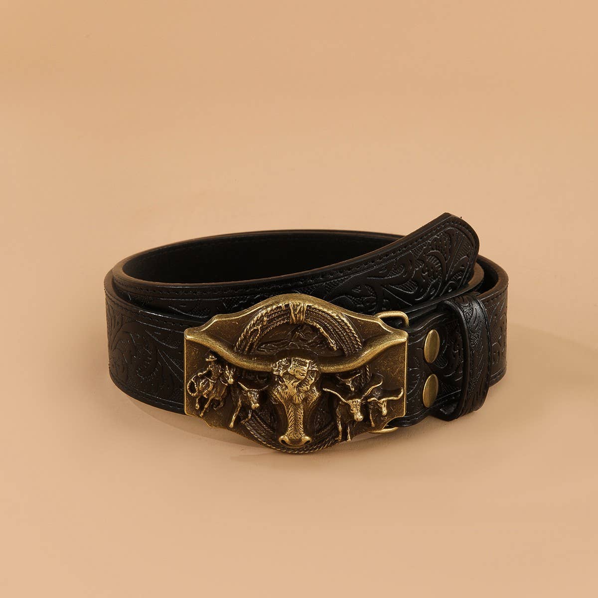 VINTAGE EMBOSSED BELT ENGRAVED BULL HEAD STYLE BELT