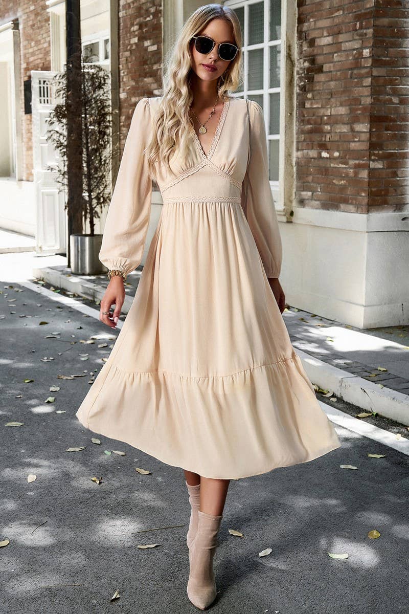 CWDMD0745_Deep V-neck Long Sleeve Maxi Dress