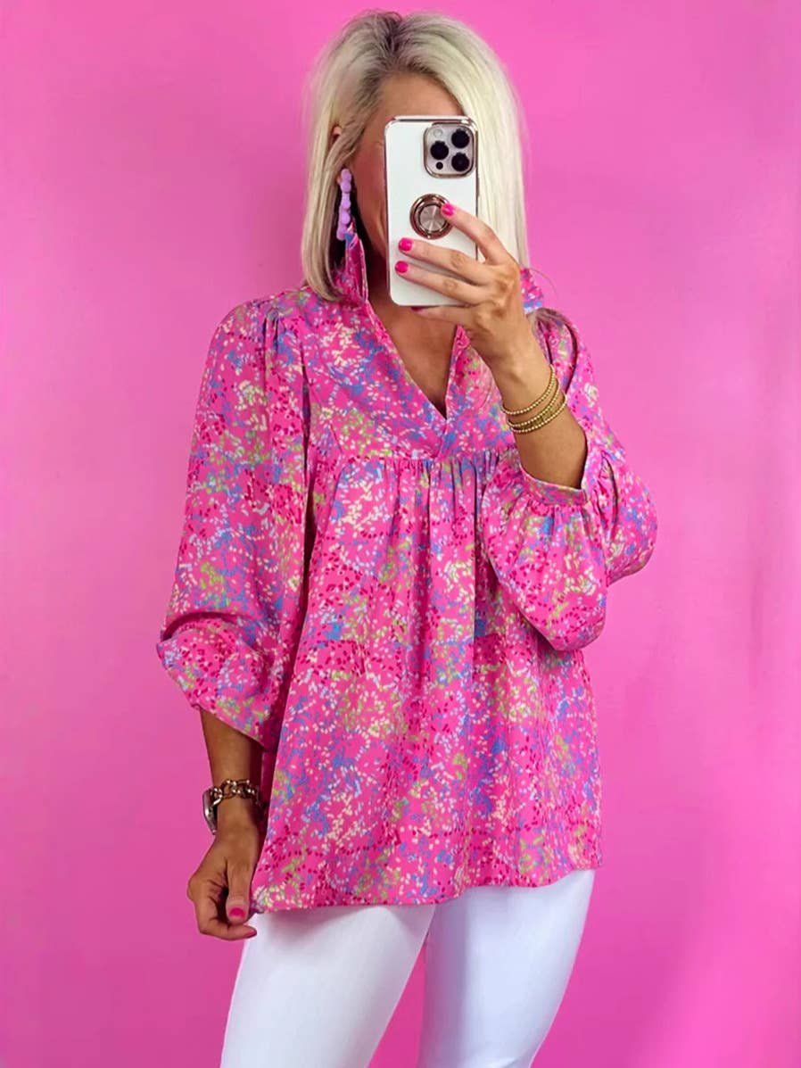 Casual loose flesh-covering pullover floral print shirt