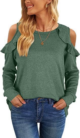 CREW-NECK, OFF-SHOULDER, RUFFLED CASUAL SWEATER