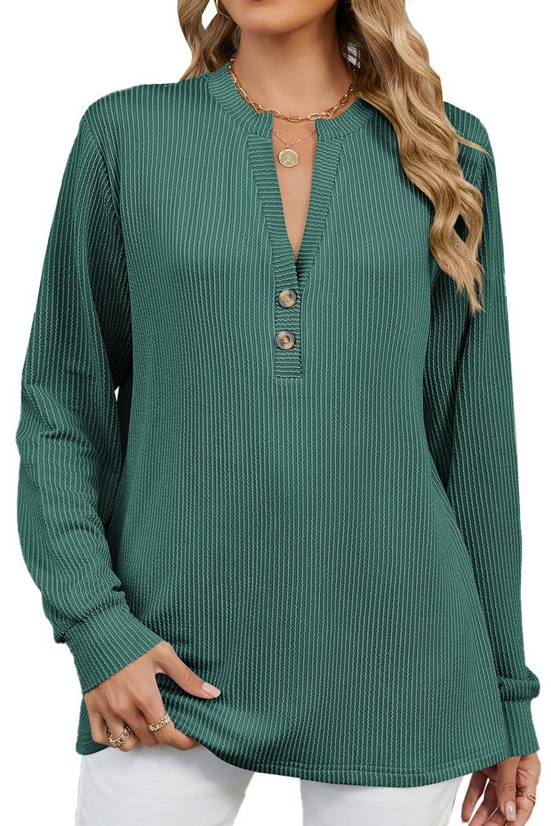 CWTBLL3675_V-NECK BUTTON-DOWN STRIPED WAVY CASUAL TOP