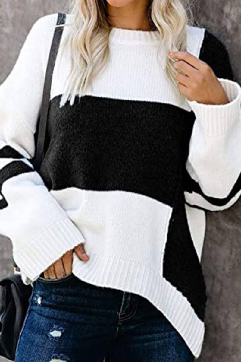 CWOSWL5198_COLOR CONTRAST PATCHWORK LONG-SLEEVED SWEATER