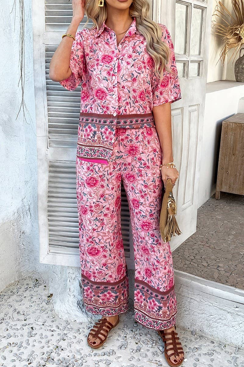 CWSS1190_CONTRAST COLOR PRINT SHORT SLEEVE LONG PANTS SUIT
