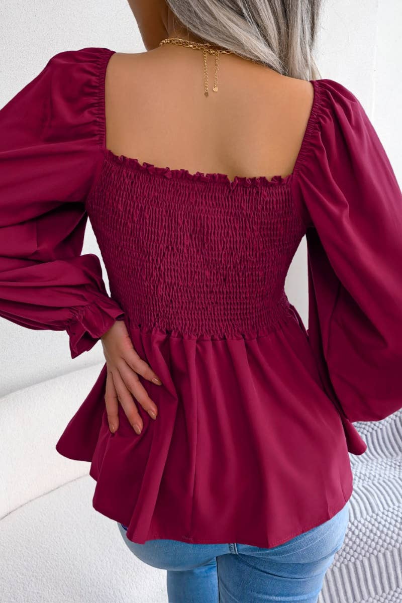 CWTBLL0957_SUMMER CHIFFON WOOD EAR LONG SLEEVE TOP