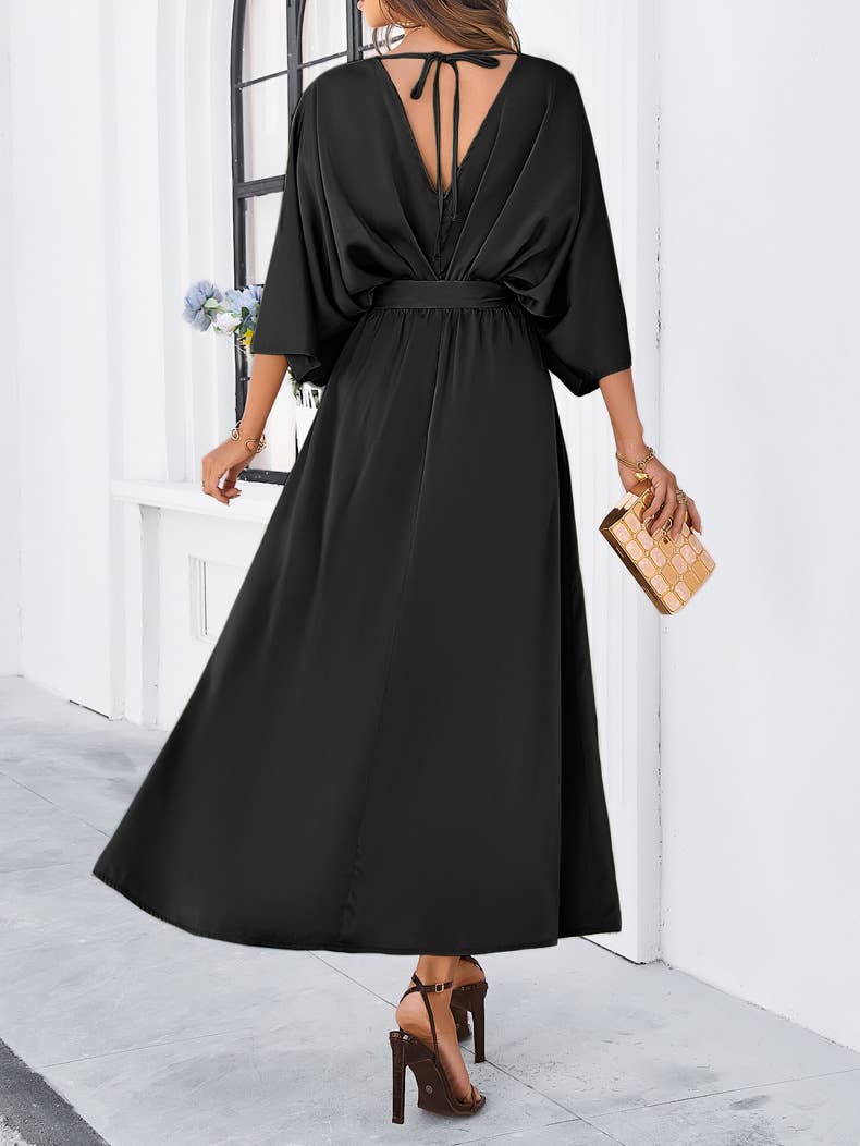 Elegant V-Neck High-Waist Loose Split Maxi Dress