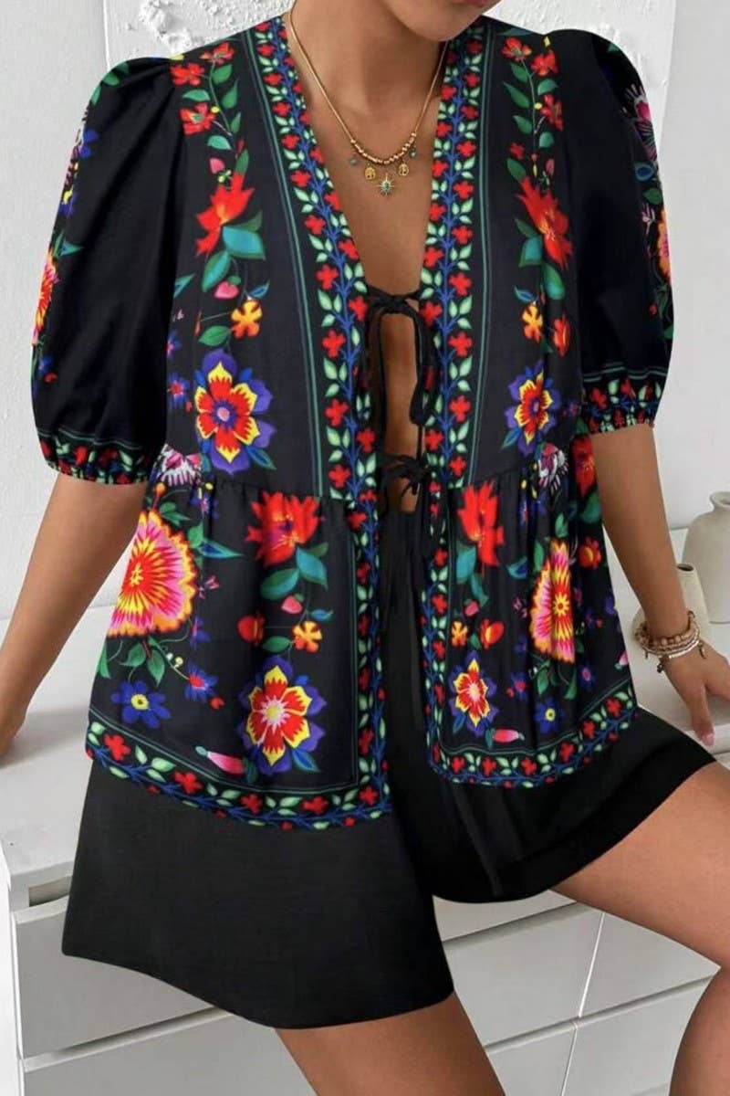 CWSTB2003_FLORAL TIE-FRONT KIMONO TOP & SHORTS SET