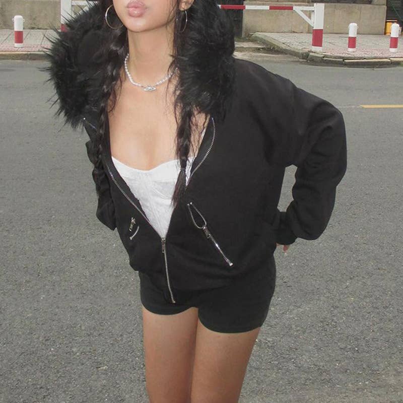 Dark wind big hair collar hooded loose coat