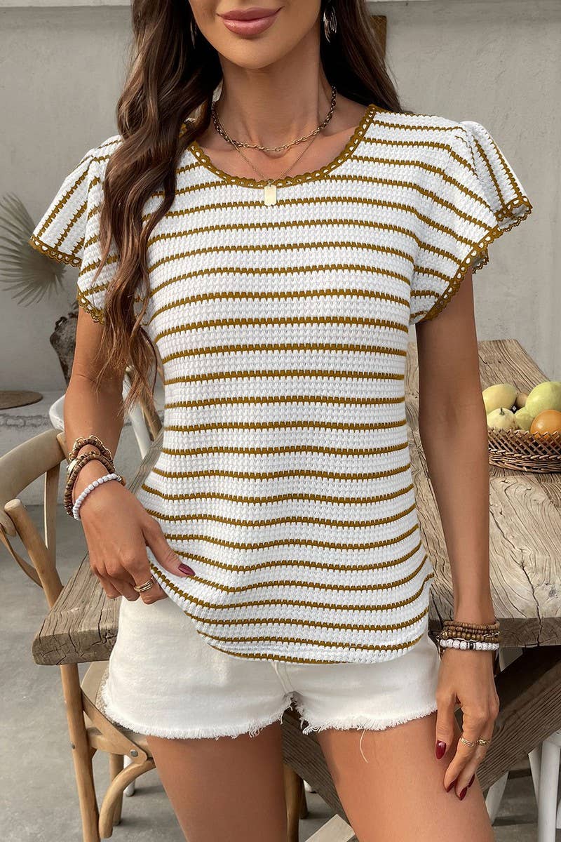 CWTTS1359_SUMMER LACE ROUND NECK STRIPED SHORT SLEEVE TOP