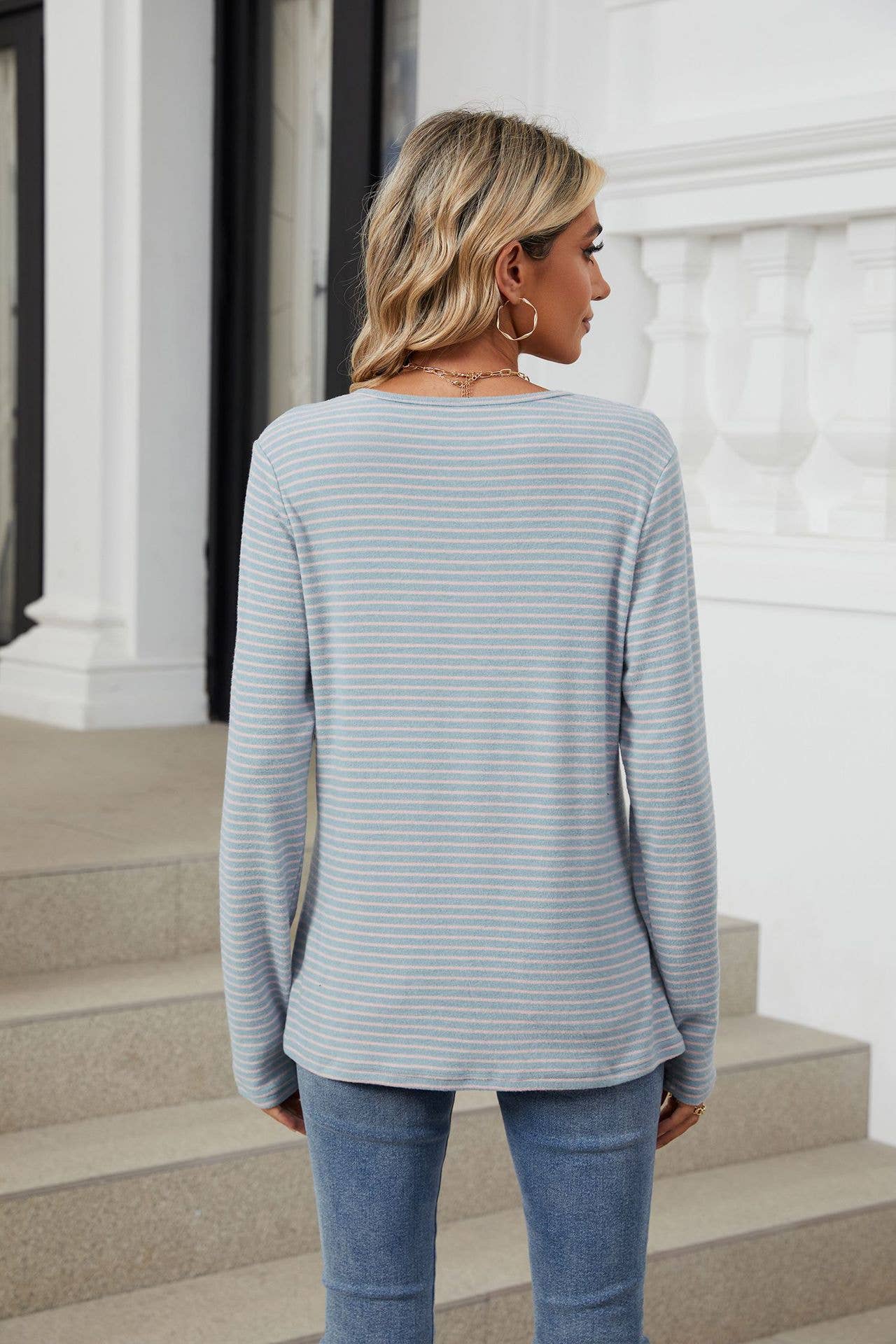CREW-NECK BUTTON-DOWN LONG SLEEVE STRIPED T-SHIRT