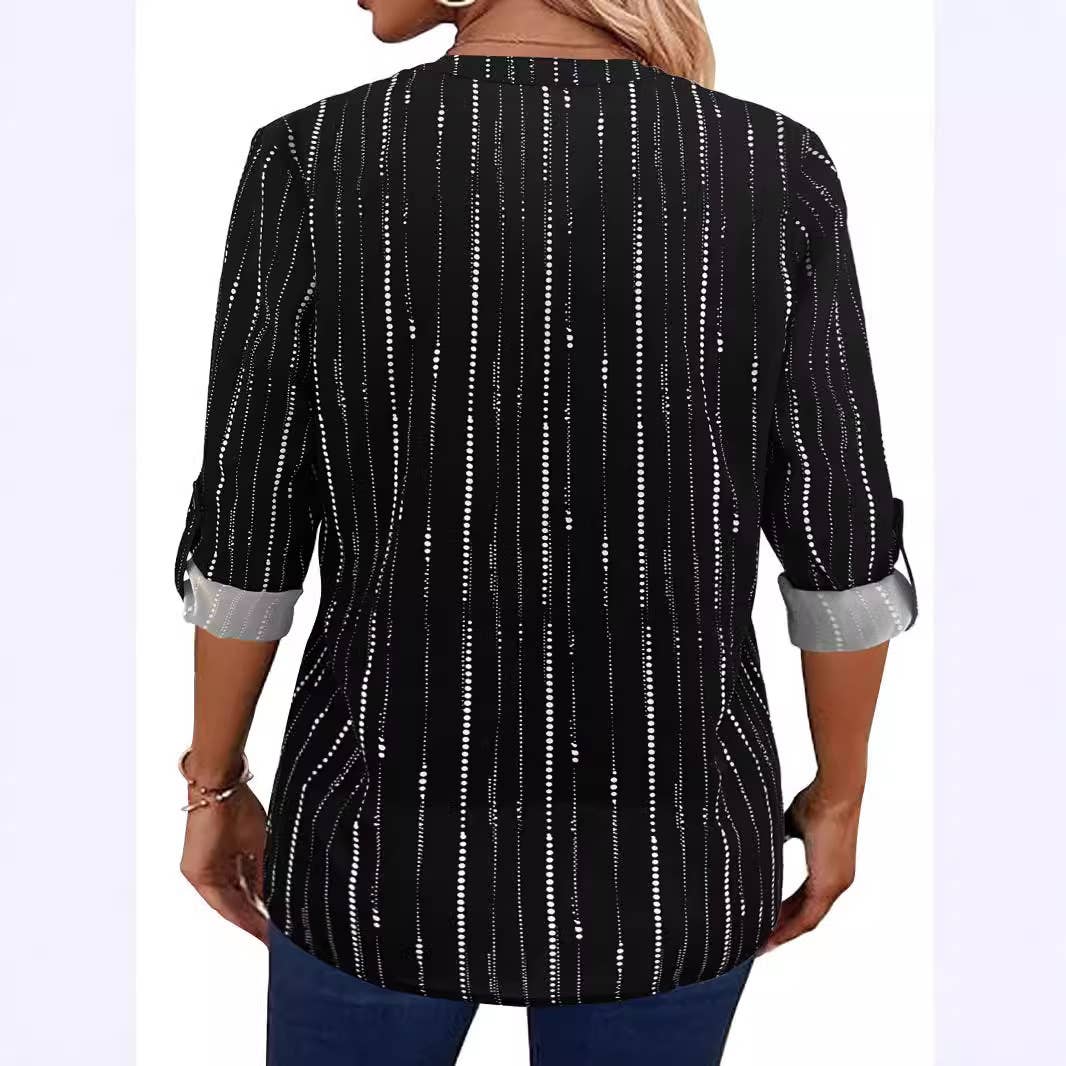 Casual elegant striped zipper long-sleeved shirt
