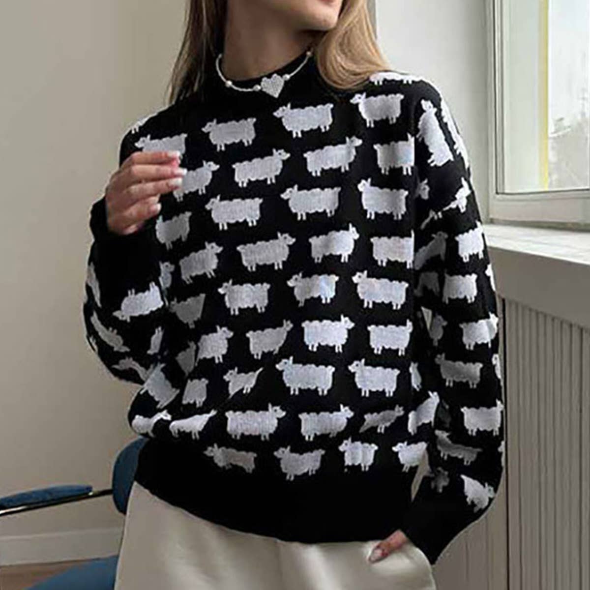 ALPACA PRINT LOOSE CASUAL KNIT SWEATER FOR WOMEN