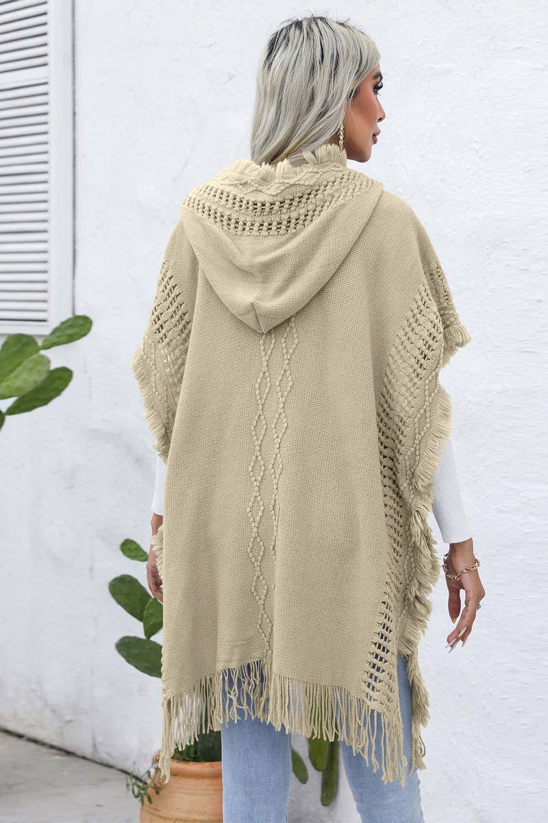 CWOSWL6438_V-NECK FRINGED HOODED MID-LENGTH CAPE KNITTED TOP