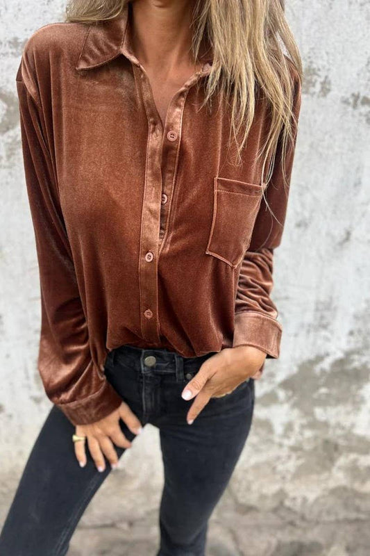 CWTBLL3108_GOLD VELVET LONG SLEEVE SINGLE BREASTED SHIRT