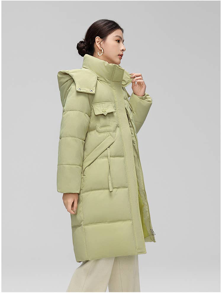 Fashionable knee-length thickened hooded jacket