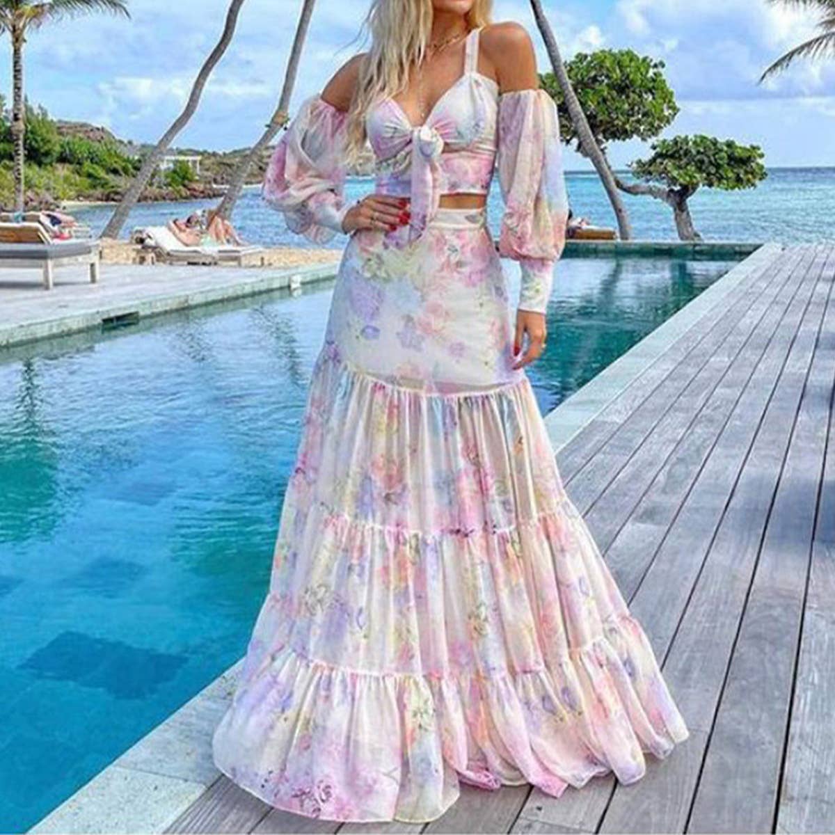 A cinched waist printed large swing halter dress