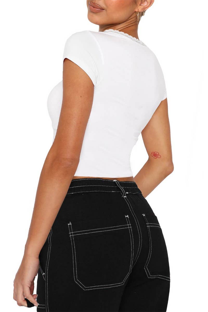 CWTBLS2213_SOLID SHORT SLEEVE BOW TRIM FITTED TOP