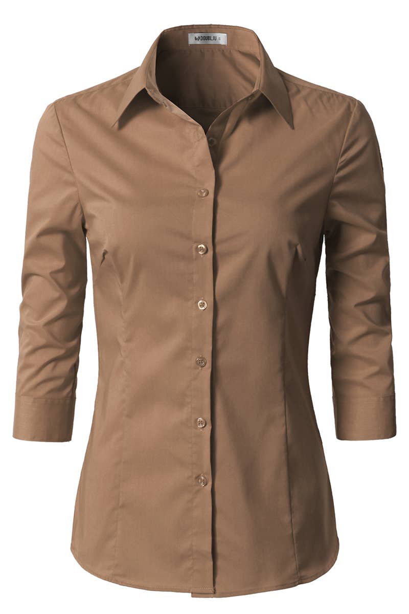 CWTSTS116_Basic Slim Fit Simple 3/4 Sleeve Button Down Shirt