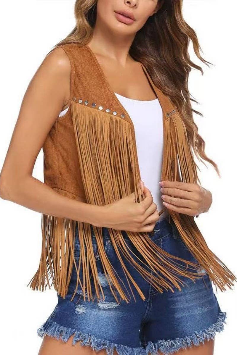 CWOCASL0052_SOLID COLOR SHORT VEST VEST TASSEL JACKET