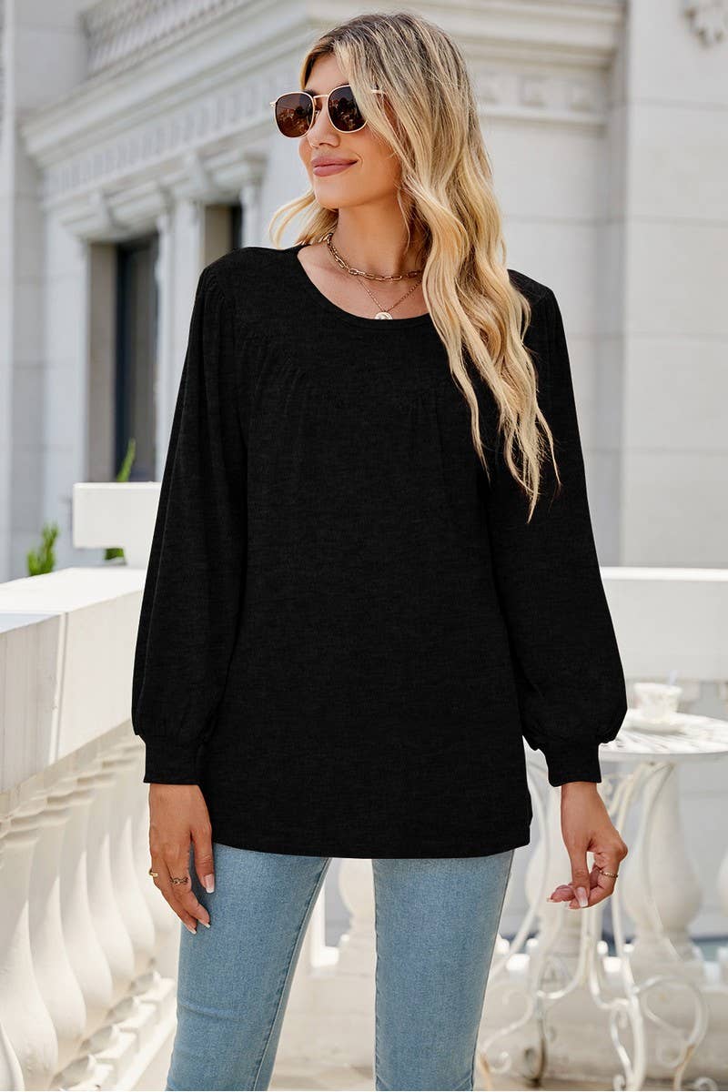 CWTBLL3690_LOOSE CREW NECK CASUAL PLEATED TOP