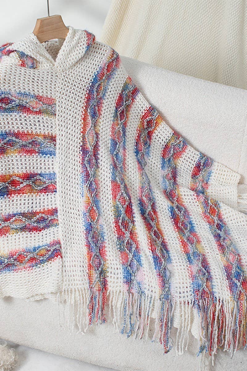 CWOSWS0091_STRIPED HOODED KNITTED FRINGED CAPE SHAWL
