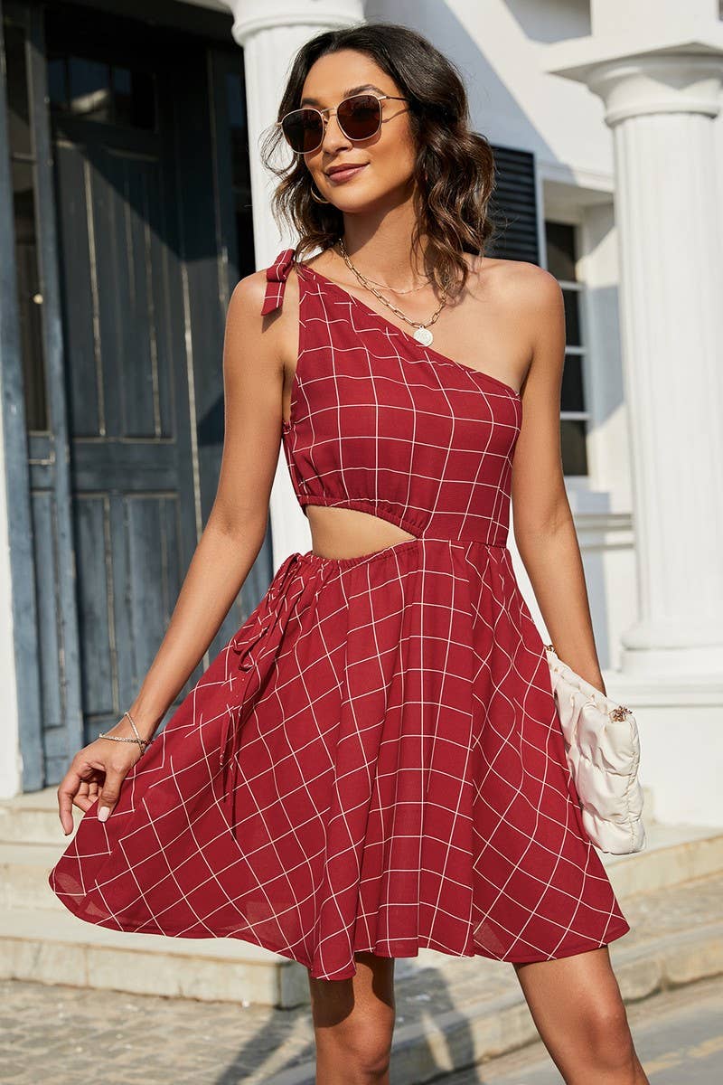 CWDSD2707_One Shoulder Tied Tiered Detailed Plaid Dress