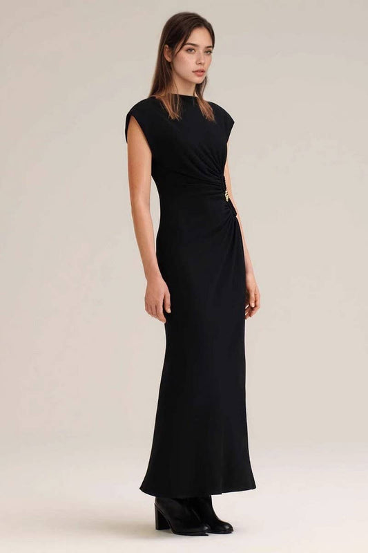 CWDMD6353_SOLID RUCHED BUTTON DETAIL LONG DRESS